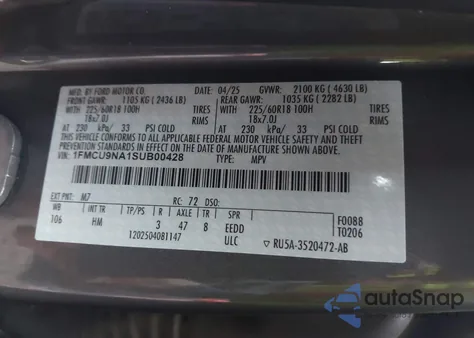 2025 Ford Escape St-Line Select from USA, damaged, VIN 1FMCU9NA1SUB00428